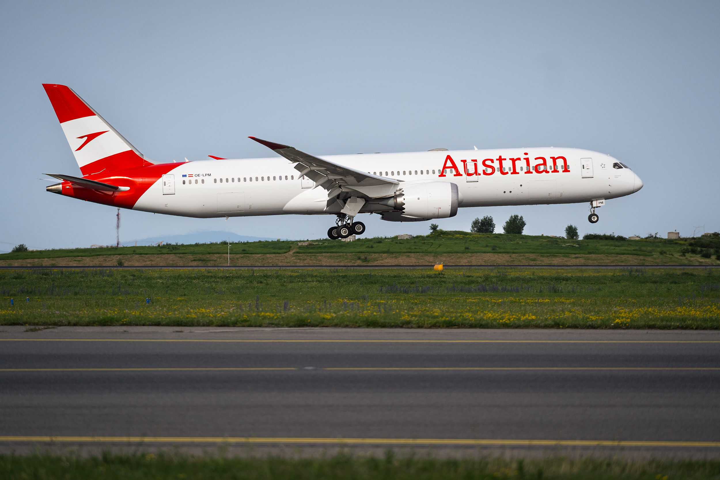 Flugzeuge der Austrian Airlines landen auf einer Landebahn mit grünem Gras und Bäumen im Hintergrund.