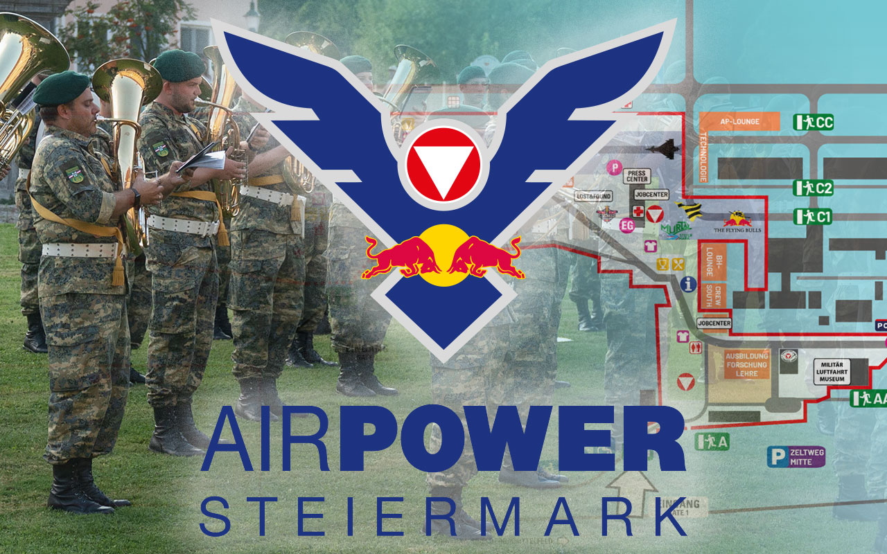 Logo der Airpower Steiermark vor dem Hintergrund einer Militärkapelle und dem Veranstaltungslayout.