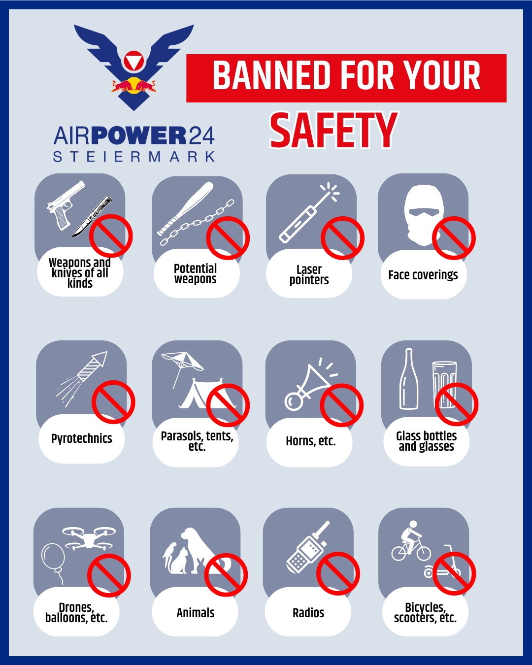 A poster listing prohibited items at AIRPOWER24, including weapons, drones, animals, bicycles, radios, and more.